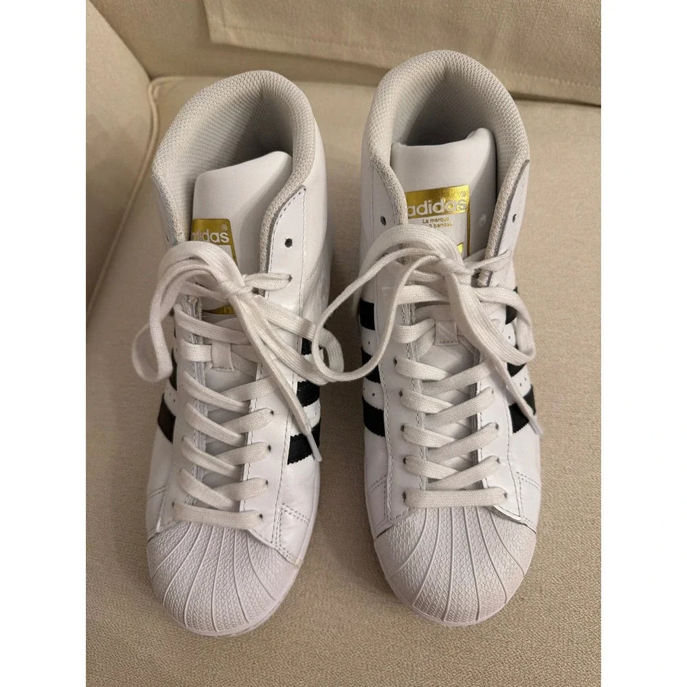 Adidas Pro Model High Top White Black Gold Shell Toe Sneakers BY2776 Mens 8.5
